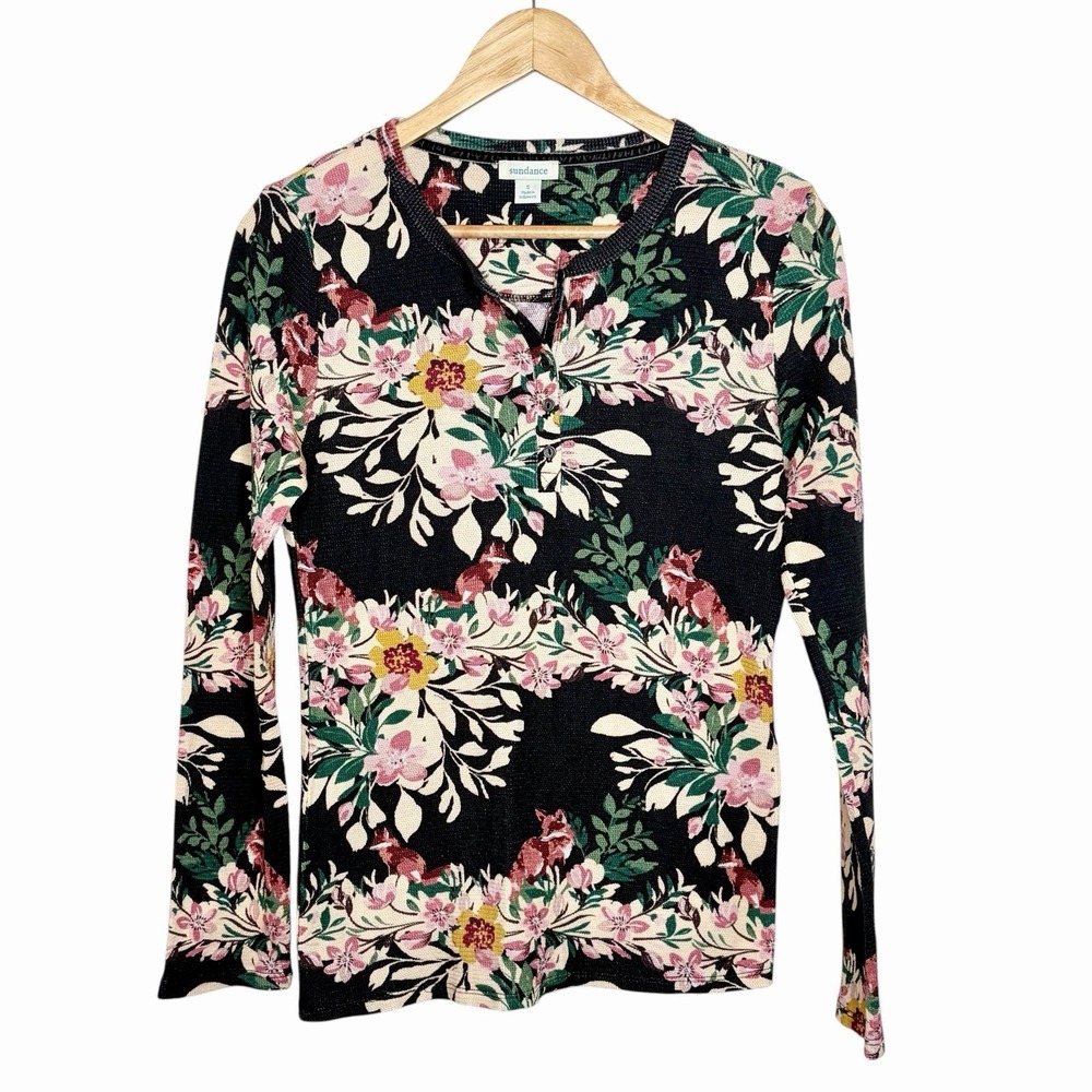 Sundance Floral Fox Thermal Waffle Knit Henley Top Womens Size Small Indie Boho